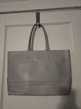 Furla Light Gray Saffiano Leather Zip Tote Double Shoulder Handle Everyday Bag